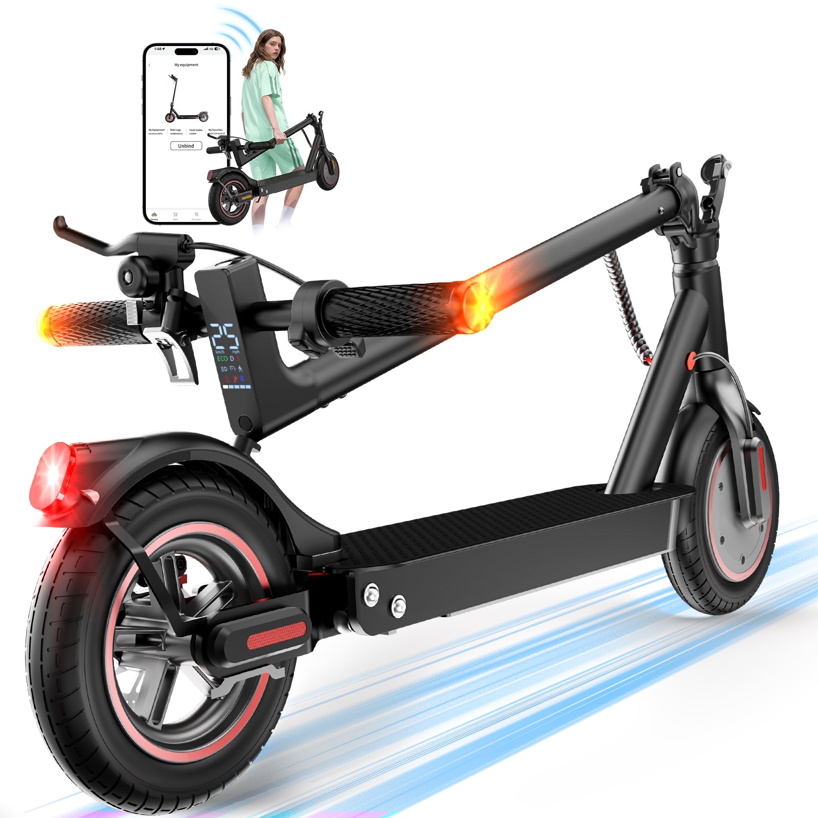 HopCycle Electric Scooters - Electric Scooter Adults, 1000W Motor, 25MPH, 28 Miles Range, 10" Pneumatic Tires, Dual Brakes, Rear Suspension, APP Control, Foldable Commuter E Scooter