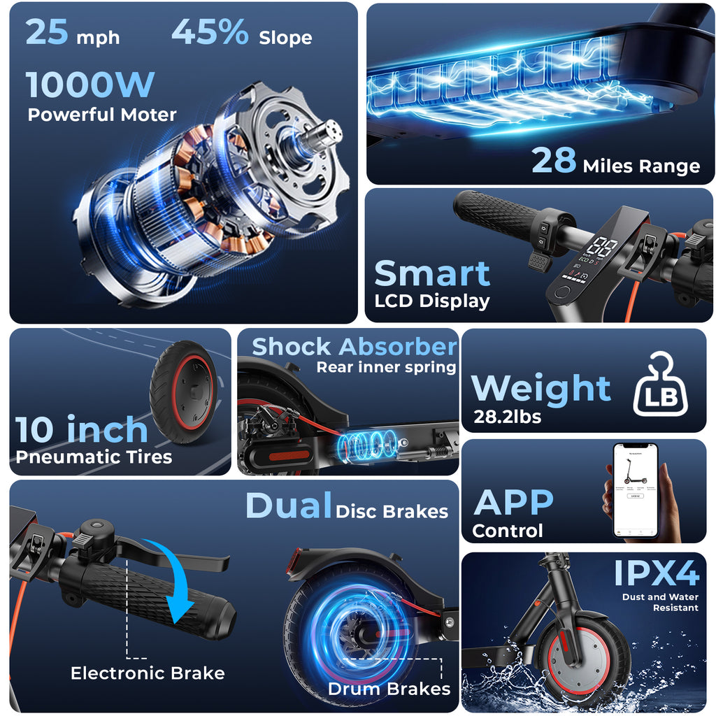HopCycle Electric Scooters - Electric Scooter Adults, 1000W Motor, 25MPH, 28 Miles Range, 10" Pneumatic Tires, Dual Brakes, Rear Suspension, APP Control, Foldable Commuter E Scooter