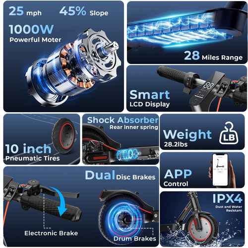 HopCycle Electric Scooters - Electric Scooter Adults, 1000W Motor, 25MPH, 28 Miles Range, 10" Pneumatic Tires, Dual Brakes, Rear Suspension, APP Control, Foldable Commuter E Scooter