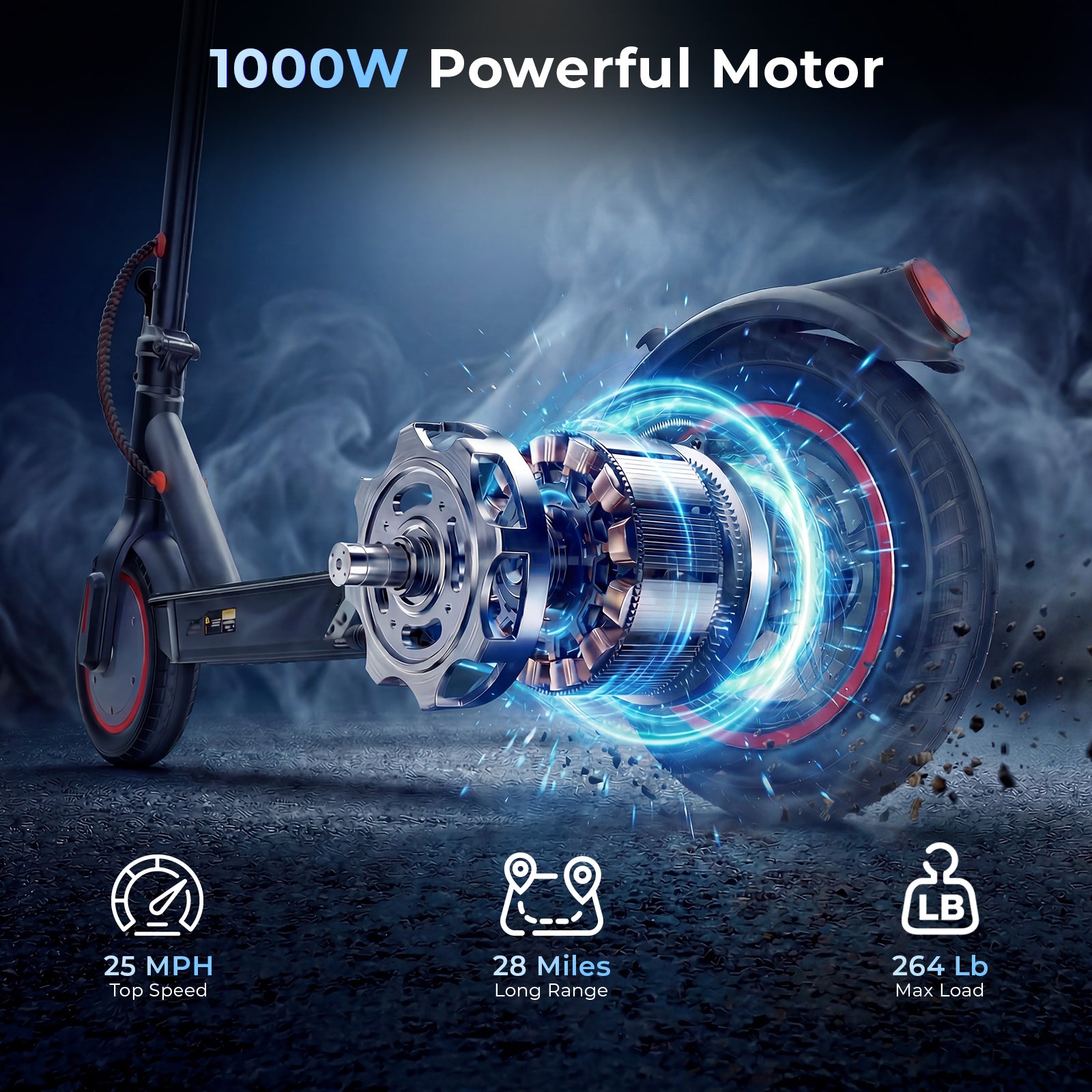 HopCycle Electric Scooters - Electric Scooter Adults, 1000W Motor, 25MPH, 28 Miles Range, 10" Pneumatic Tires, Dual Brakes, Rear Suspension, APP Control, Foldable Commuter E Scooter