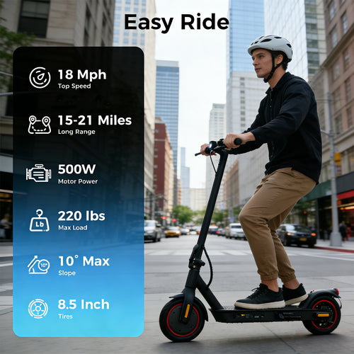 HopCycle Electric Scooter - Electric Scooter Adults, 500W Motor, Up to 18 MPH, 21 Miles Range, Dual Braking System, App Control, 8.5" Tires, Commuter E Scooter for City Travel